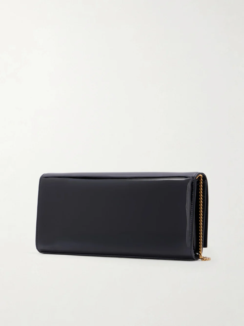 Back view of the Saint Laurent Kate Cassandre-embellished Patent-leather Clutch