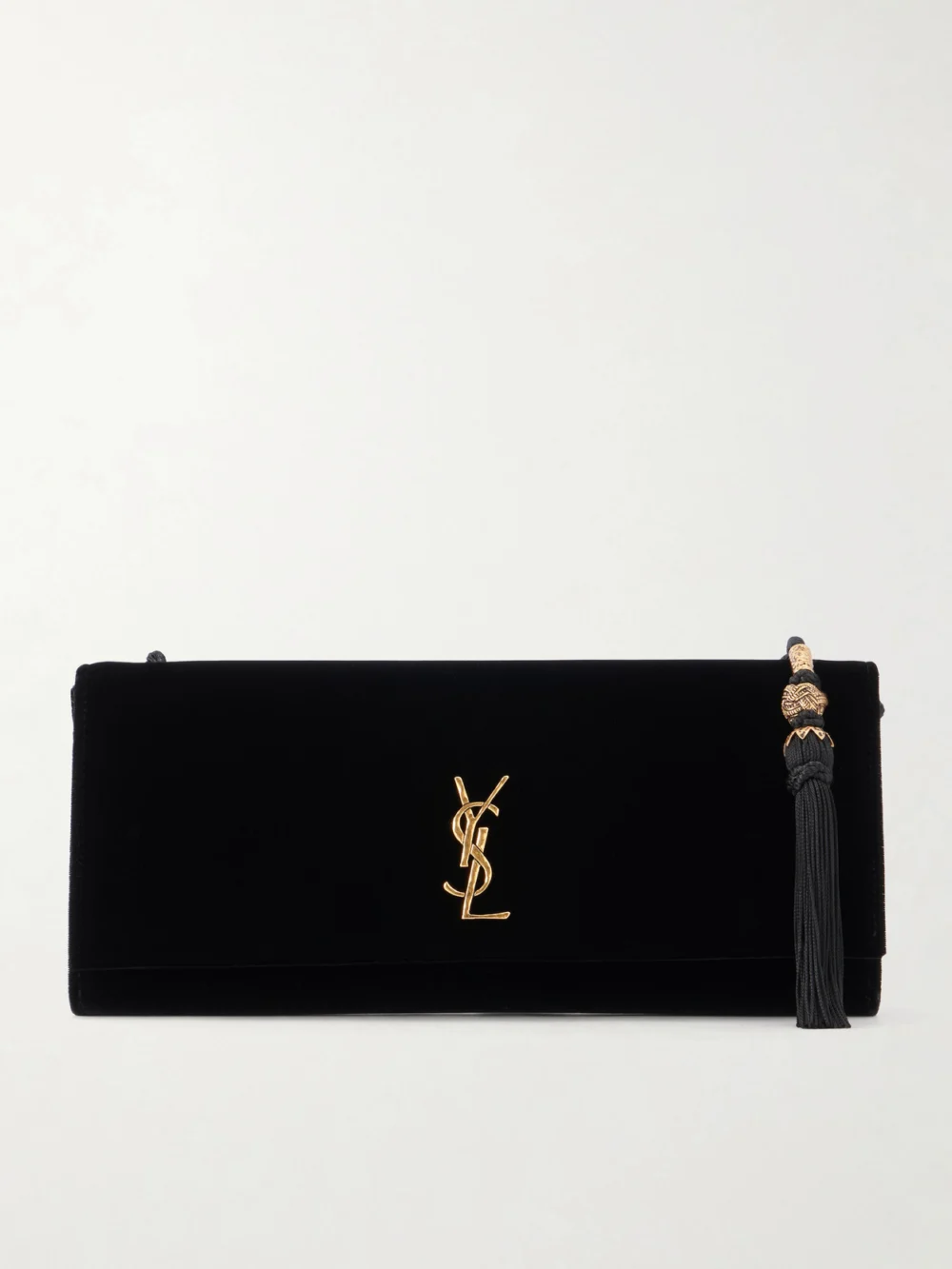 Saint Laurent Kate Cassandre-embellished Tasseled Velvet Shoulder Bag in black