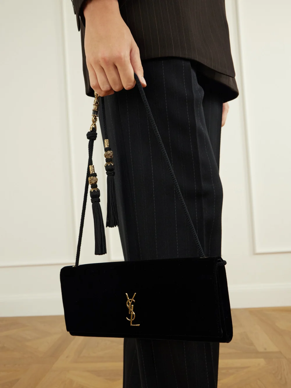 Saint Laurent Kate Cassandre-embellished Tasseled Velvet Shoulder Bag, styled view