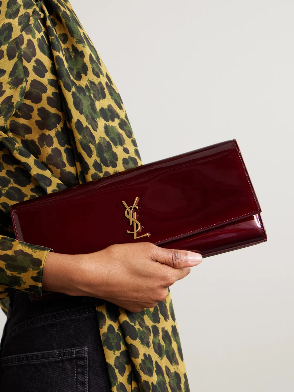 Saint Laurent Kate Patent-leather Clutch, styled view