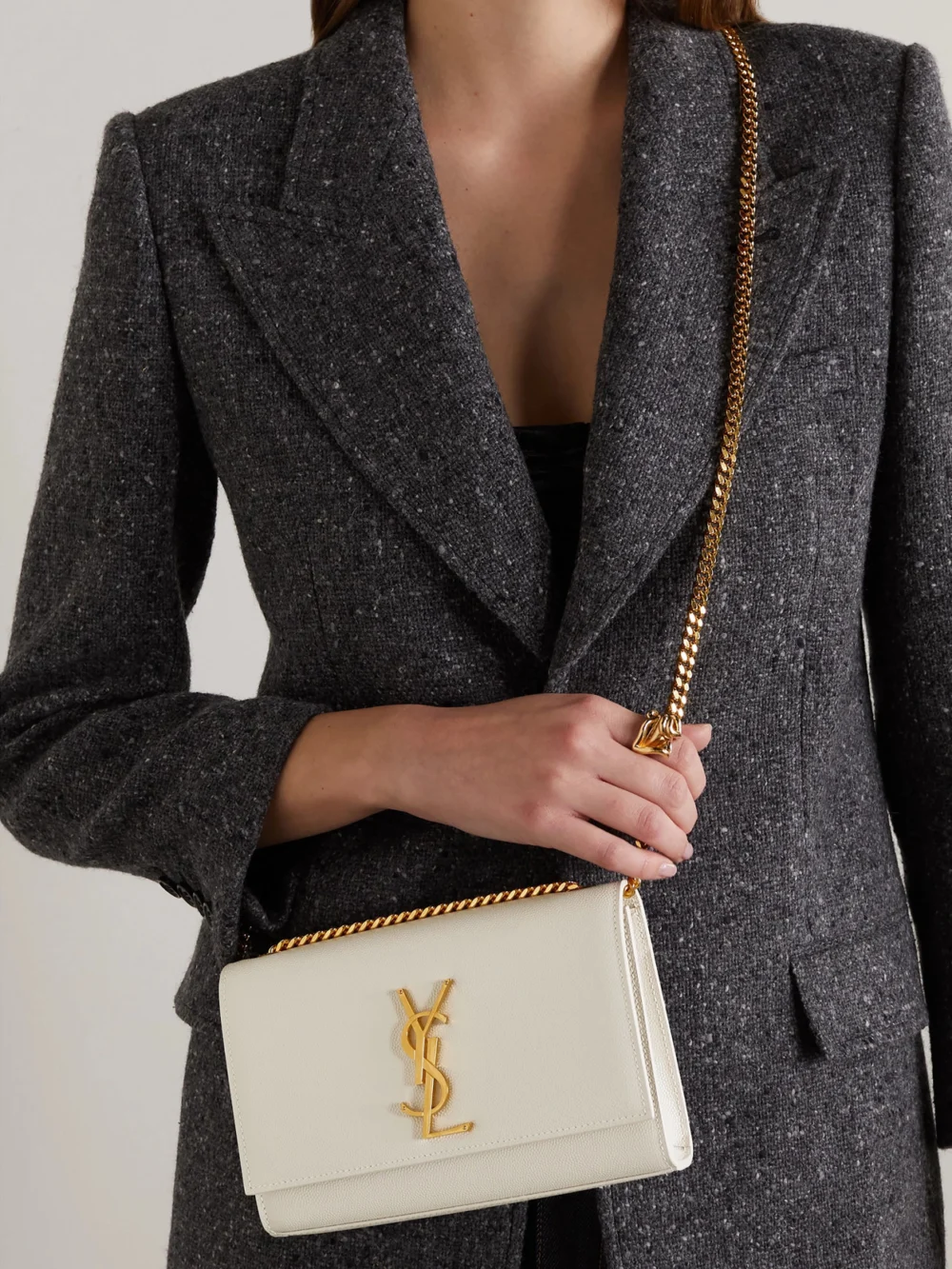 Saint Laurent Kate Small Embossed-leather Shoulder Bag, styled view