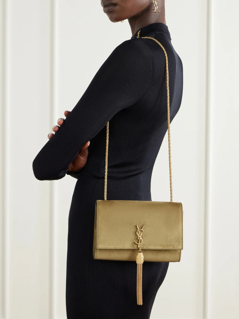 Saint Laurent Kate Tassel Small Cassandre-embellished Suede Shoulder Bag, styled view