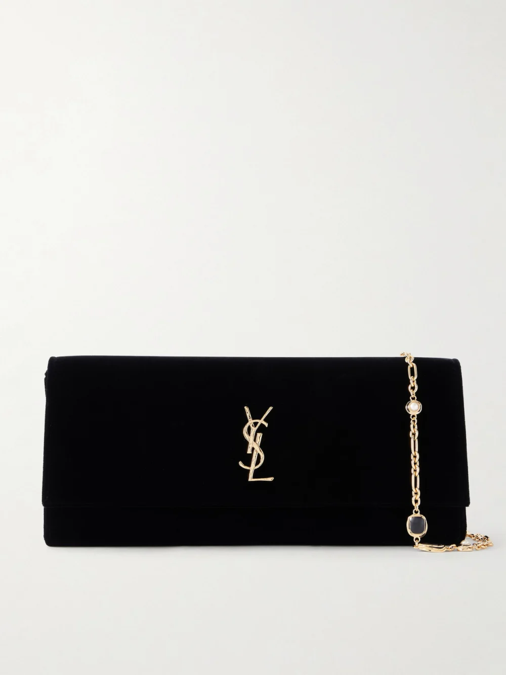 Saint Laurent Kate Velour Logo Chain Clutch in black