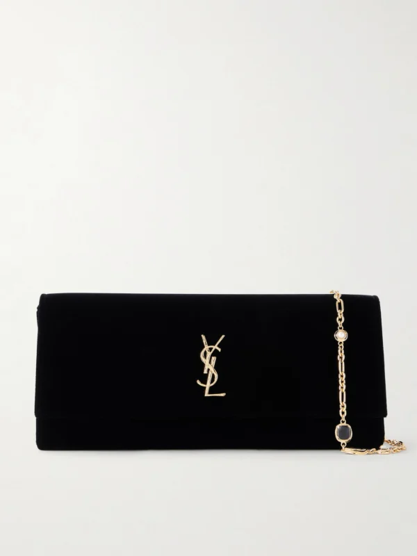 Saint Laurent Kate Velour Logo Chain Clutch