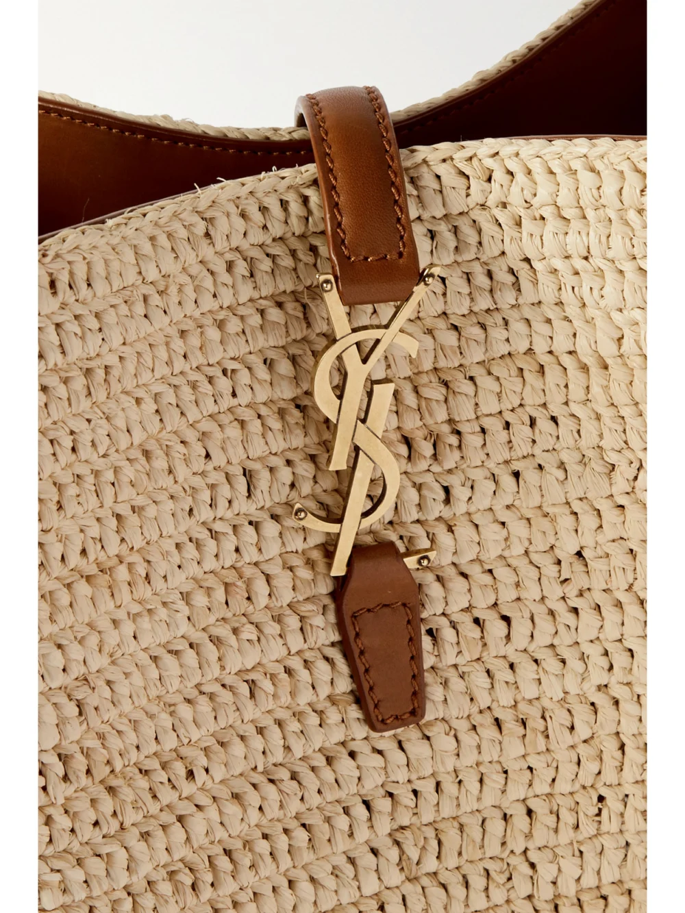 Close-up detail of the Saint Laurent Le 37 Leather-trimmed Raffia Bucket Bag