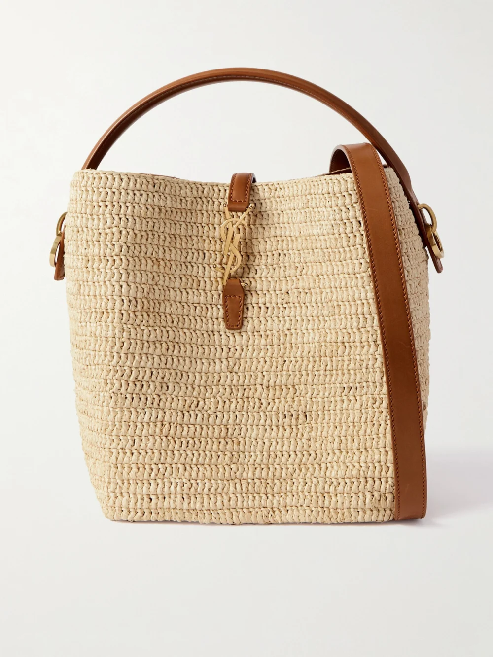 Saint Laurent Le 37 Leather-trimmed Raffia Bucket Bag in beige