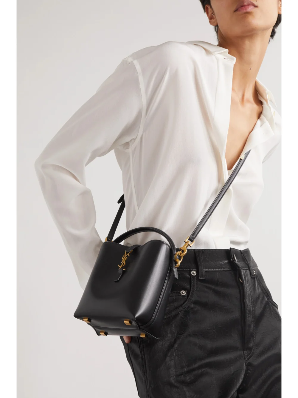 Saint Laurent Le 37 Mini Leather Bucket Bag, styled view