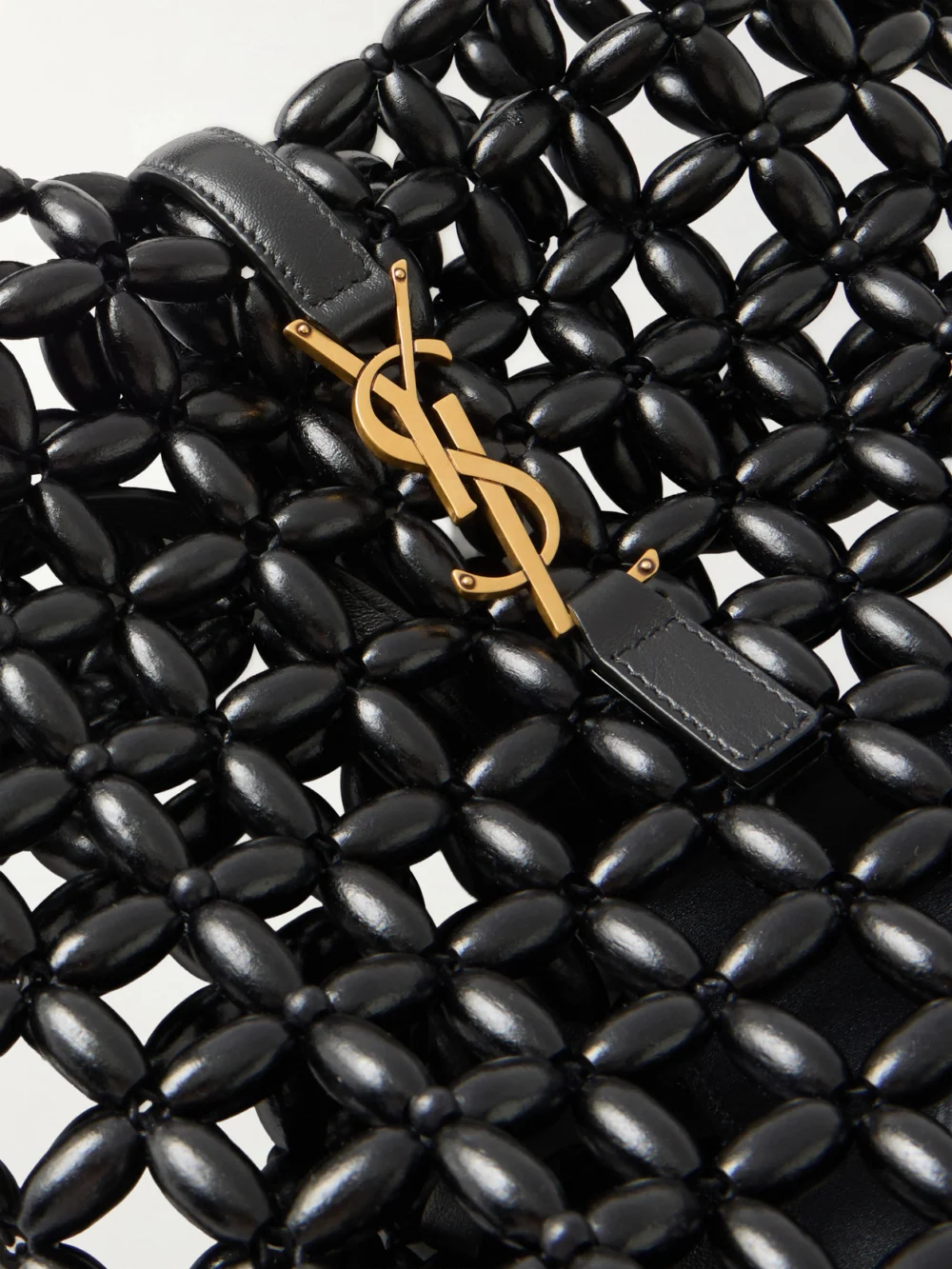Close-up detail of the Saint Laurent Le 37 Mini Leather-trimmed Beaded Wood Shoulder Bag