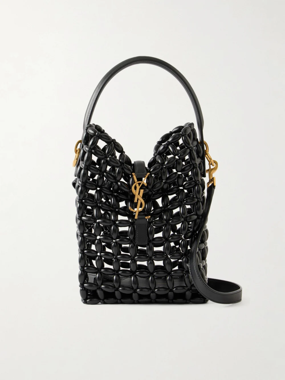 Saint Laurent Le 37 Mini Leather-trimmed Beaded Wood Shoulder Bag in black