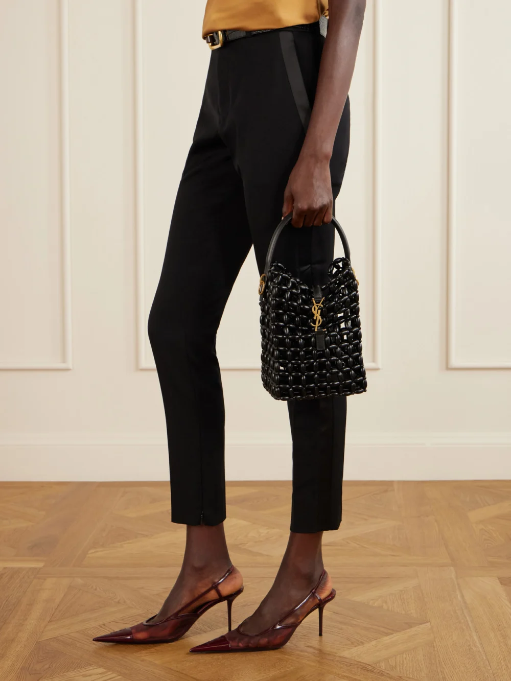 Saint Laurent Le 37 Mini Leather-trimmed Beaded Wood Shoulder Bag, styled view