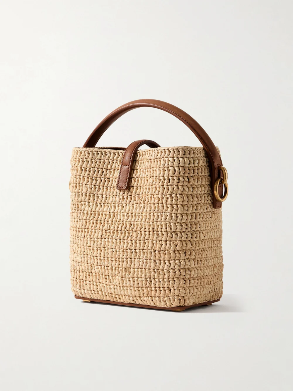 Back view of the Saint Laurent Le 37 Mini Leather-trimmed Raffia Bucket Bag