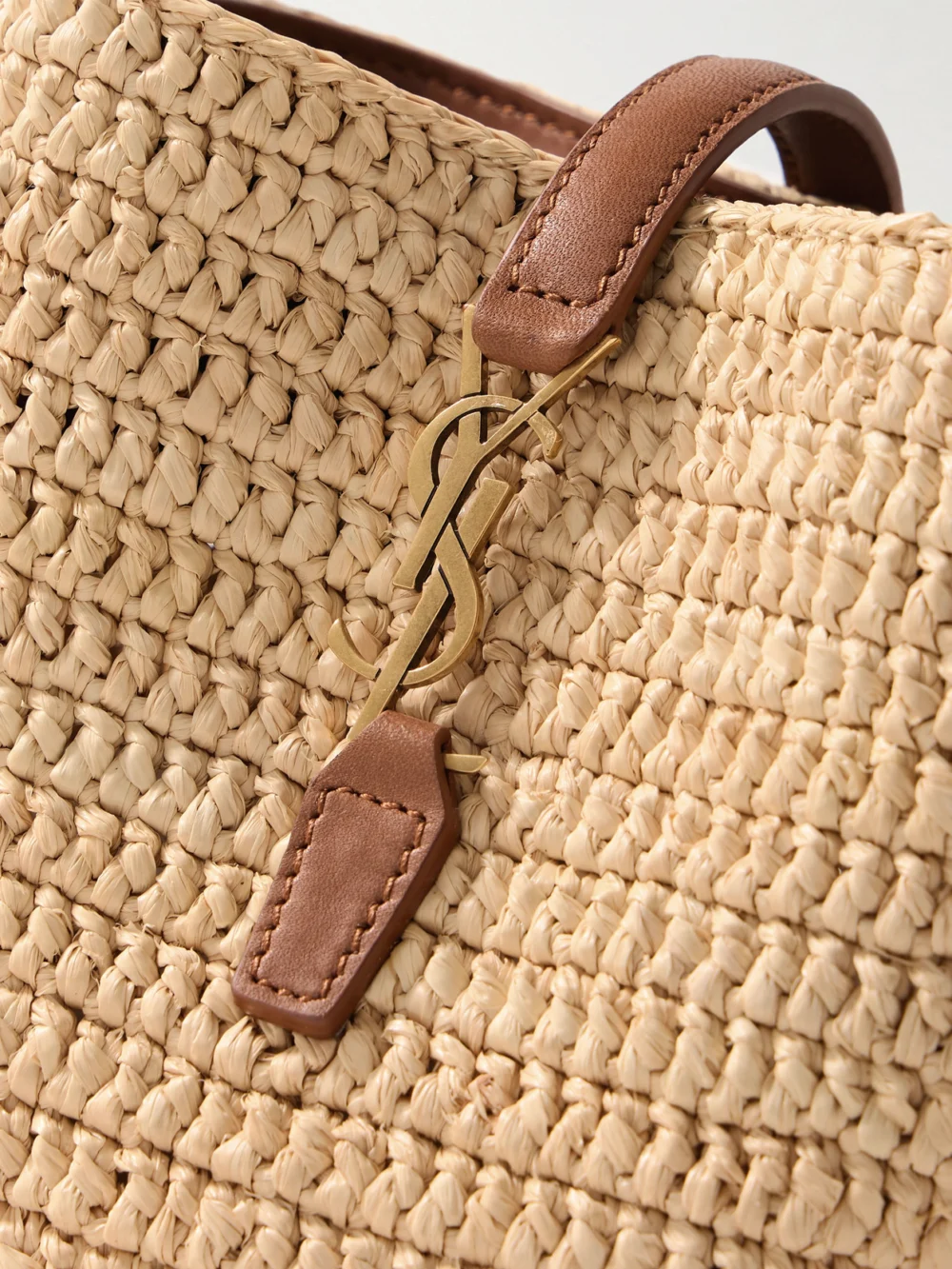 Close-up detail of the Saint Laurent Le 37 Mini Leather-trimmed Raffia Bucket Bag