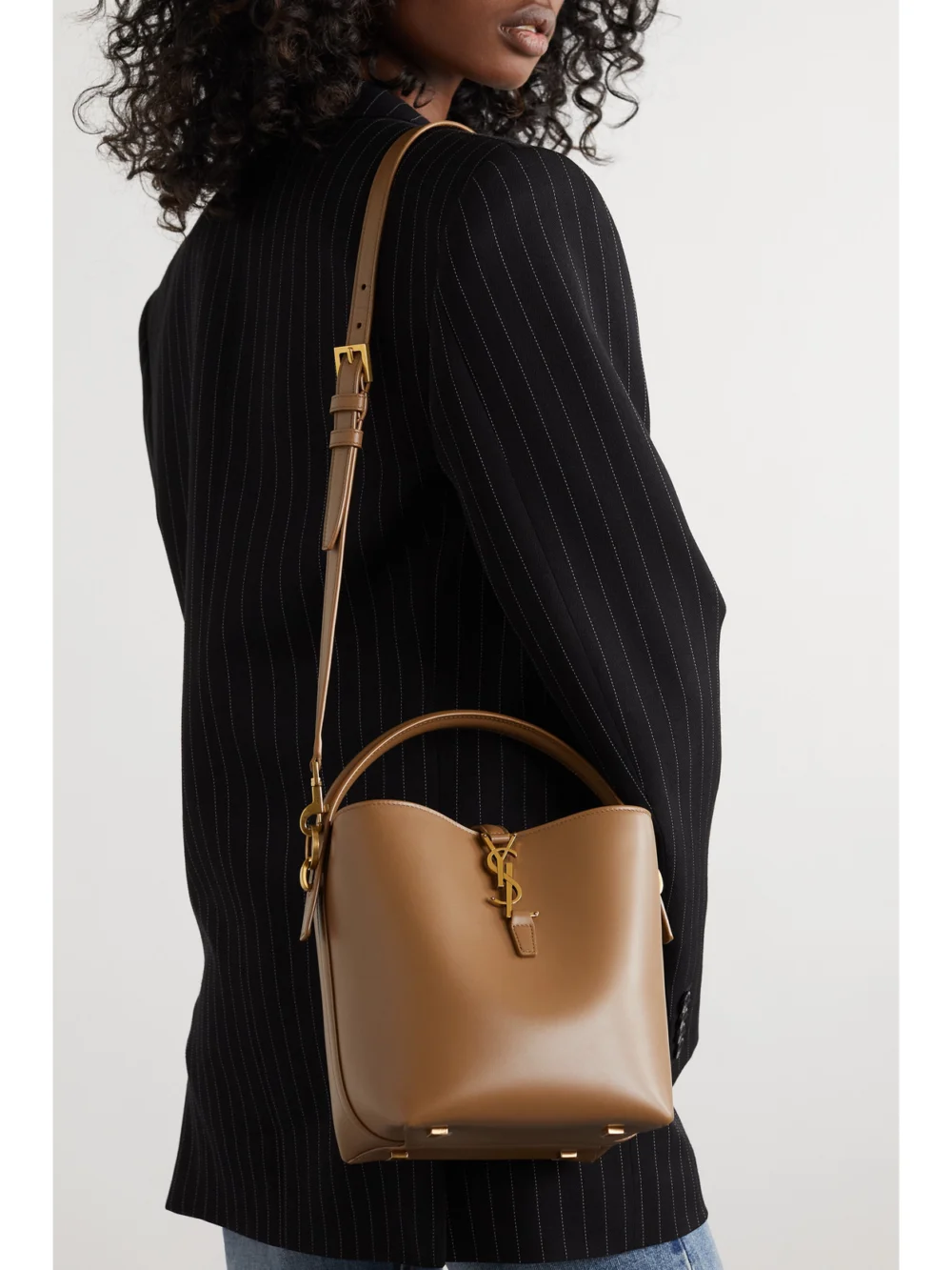 Saint Laurent Le 37 Small Leather Bucket Bag, styled view