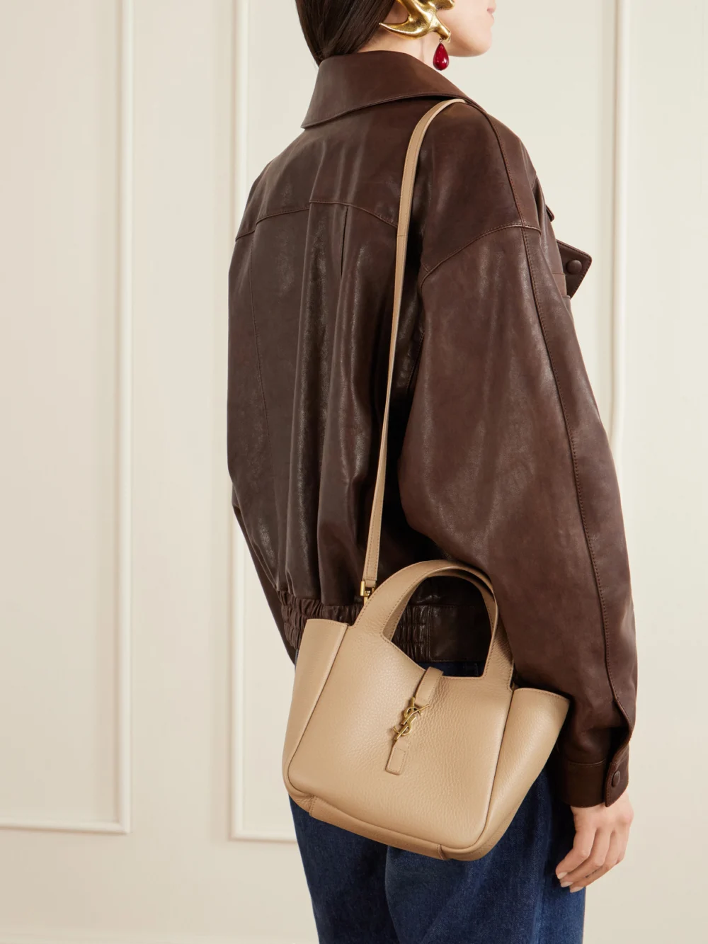 Saint Laurent Le 5 À 7 Bea Cassandre-embellished Mini Textured-leather Tote, styled view