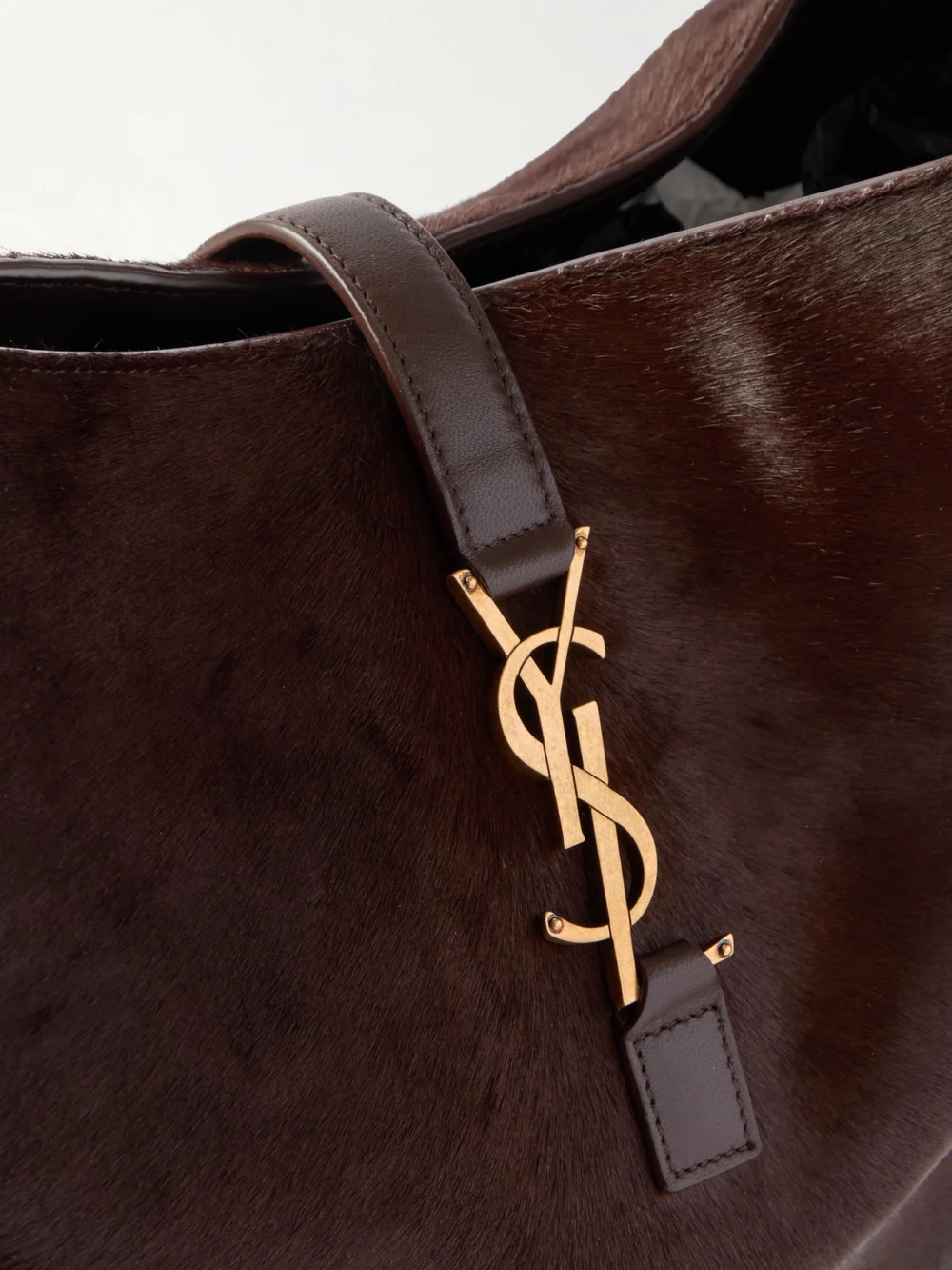 Close-up detail of the Saint Laurent Le 5 À 7 Bea Pony Hair Tote