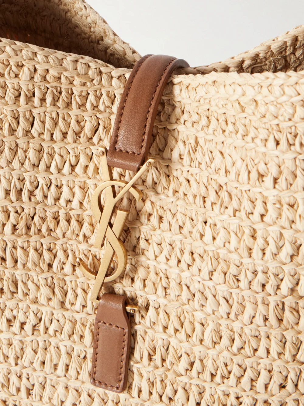 Close-up detail of the Saint Laurent Le 5 À 7 Bea Small Leather-trimmed Raffia Shoulder Bag