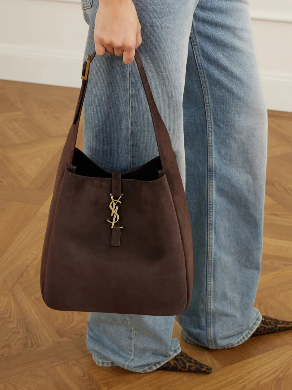 Saint Laurent Le 5 À 7 Cassandre-embellished Suede Tote, styled view
