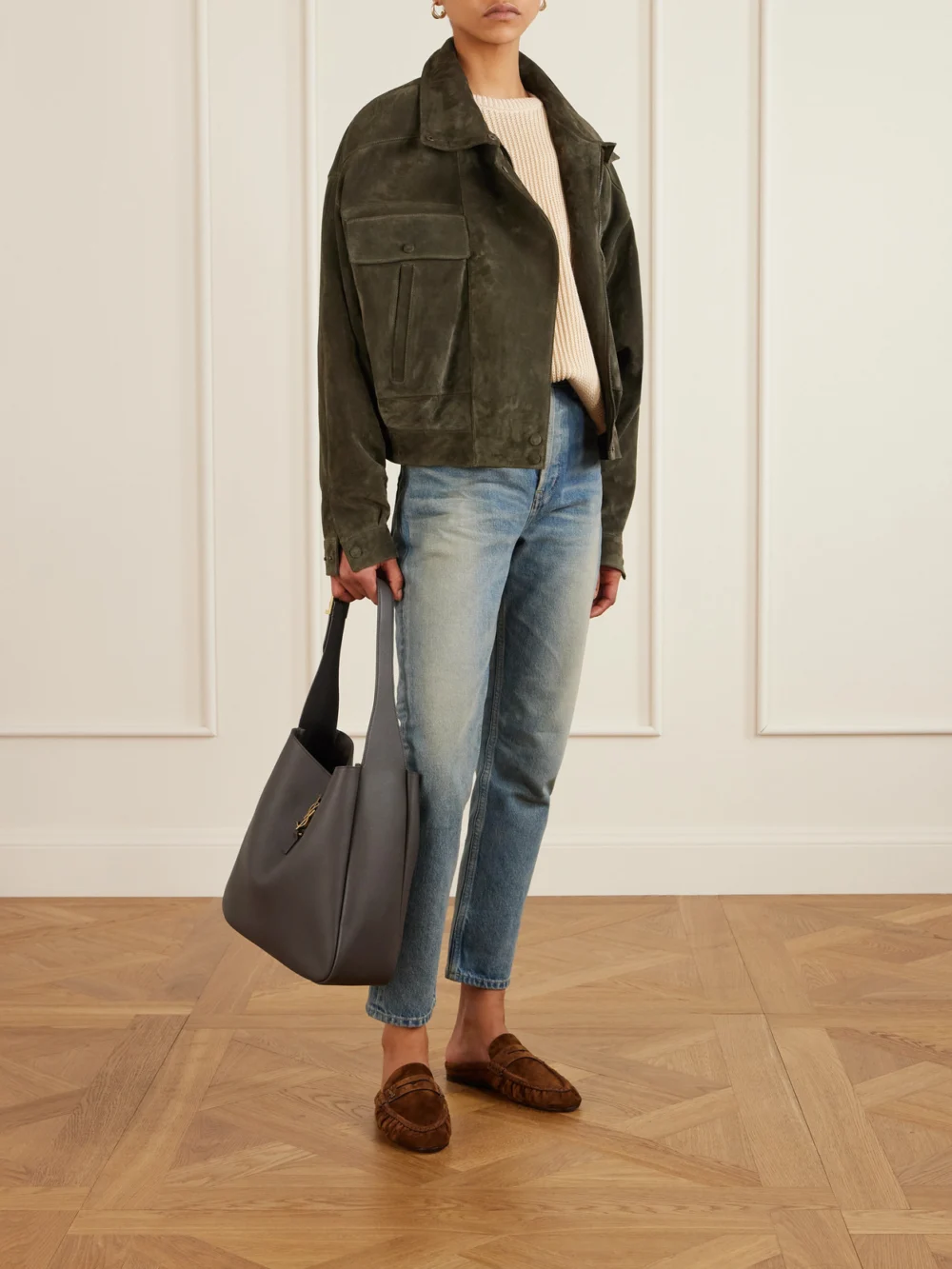 Saint Laurent Le 5 À 7 Large Leather Shoulder Bag, styled view