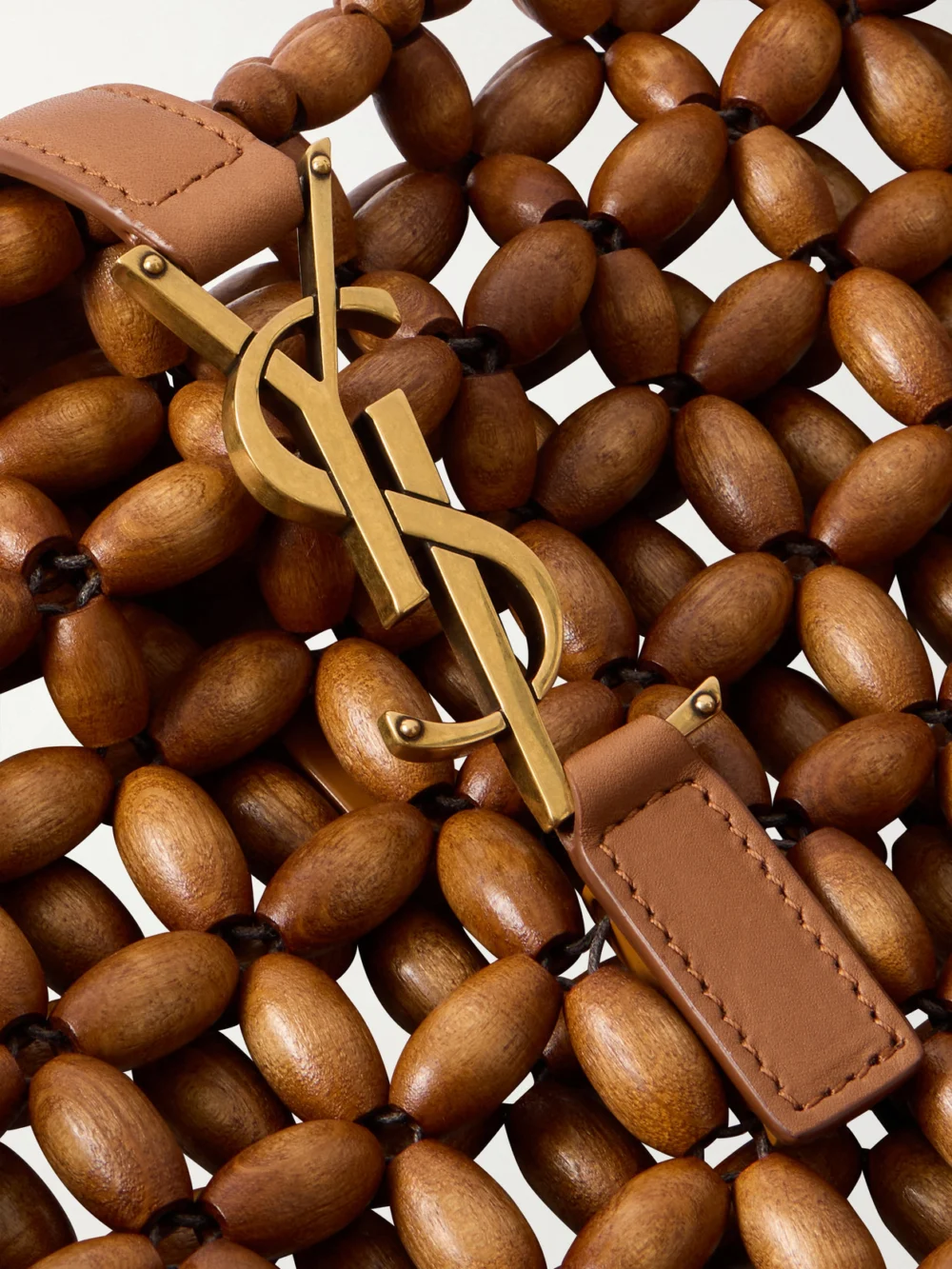 Close-up detail of the Saint Laurent Le 5 À 7 Large Leather-trimmed Beaded Wood Shoulder Bag