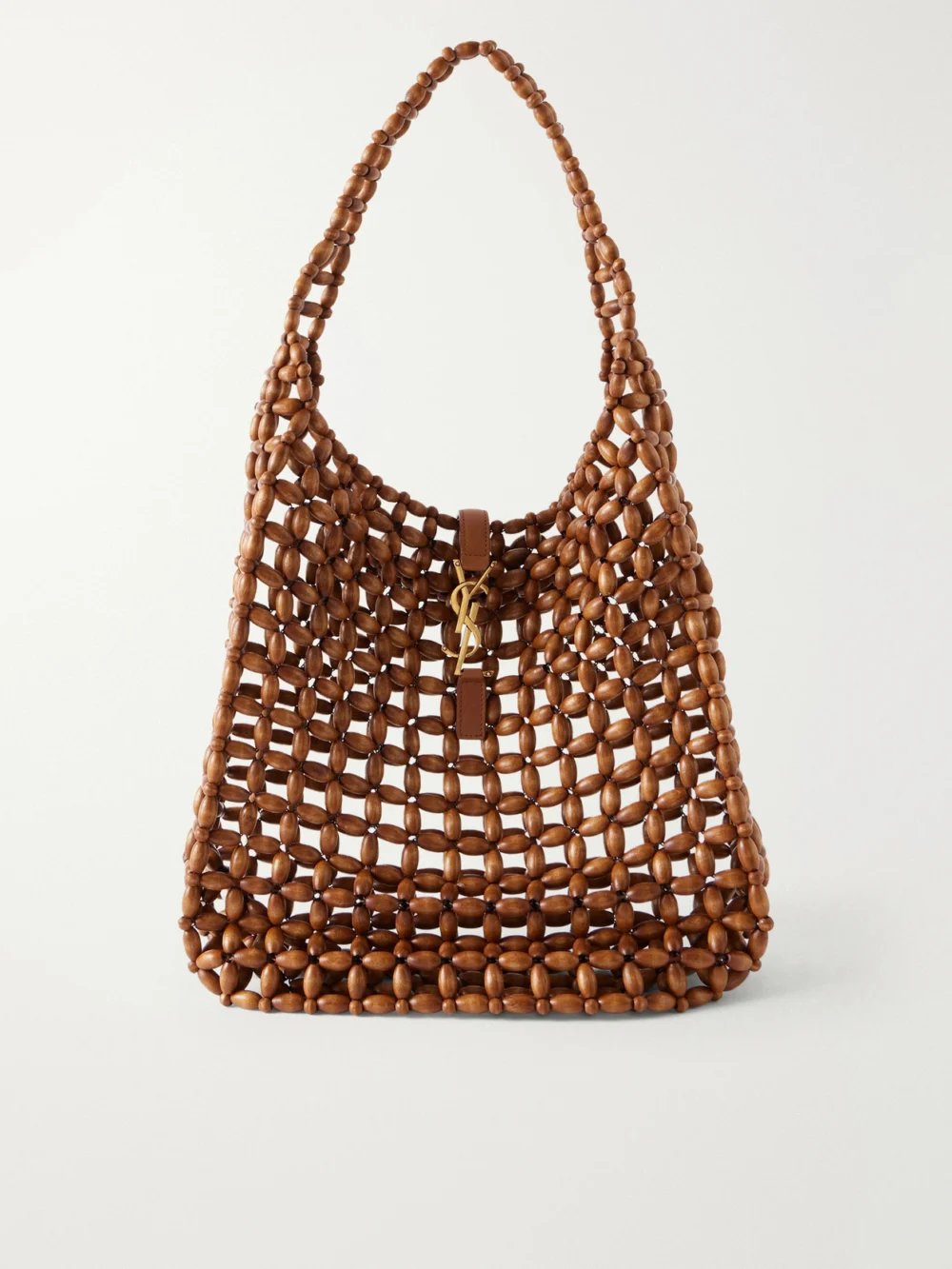 Saint Laurent Le 5 À 7 Large Leather-trimmed Beaded Wood Shoulder Bag in brown