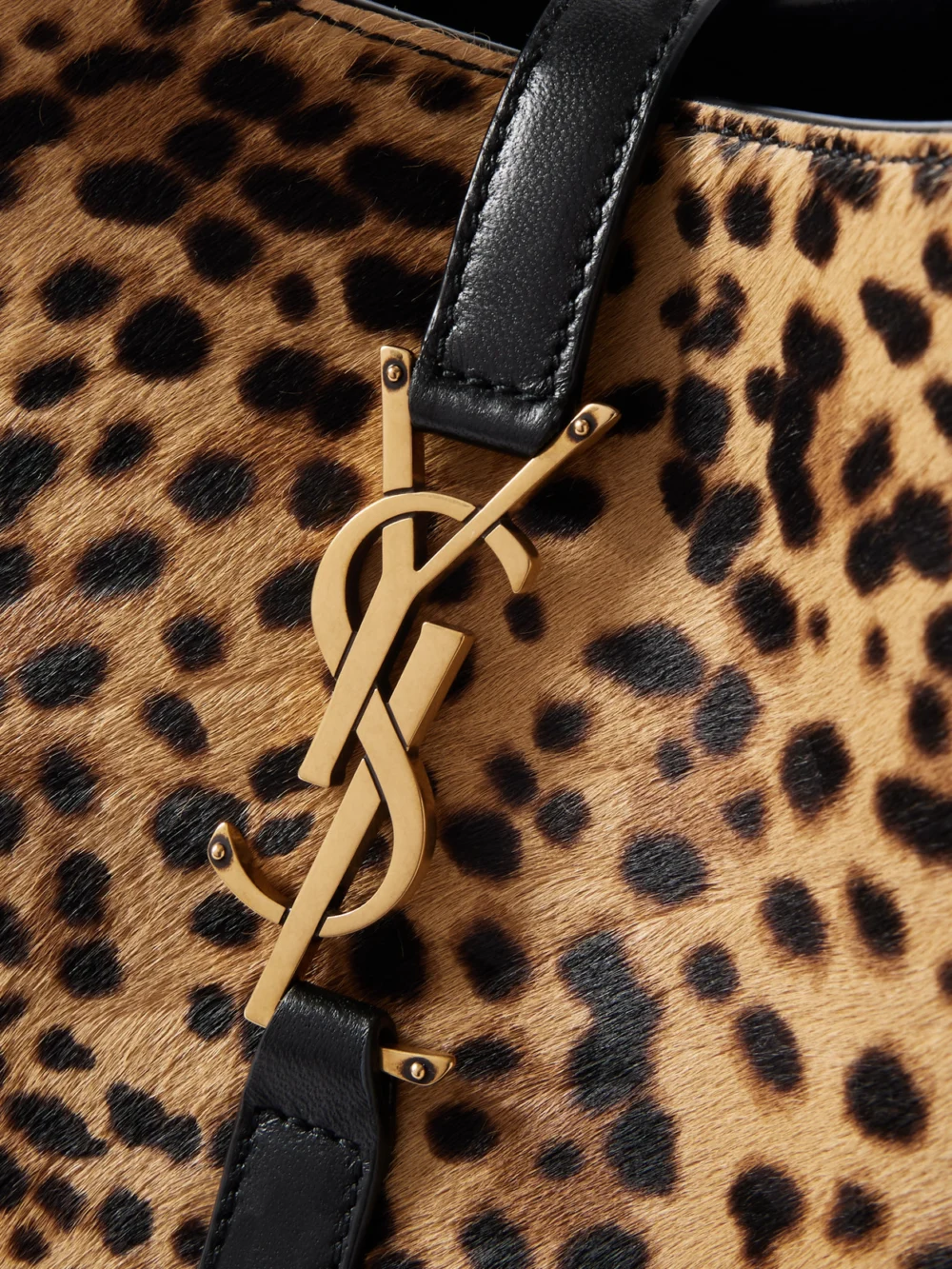 Close-up detail of the Saint Laurent Le 5 À 7 Small Embellished Leather-trimmed Leopard-print Calf Hair Shoulder Bag