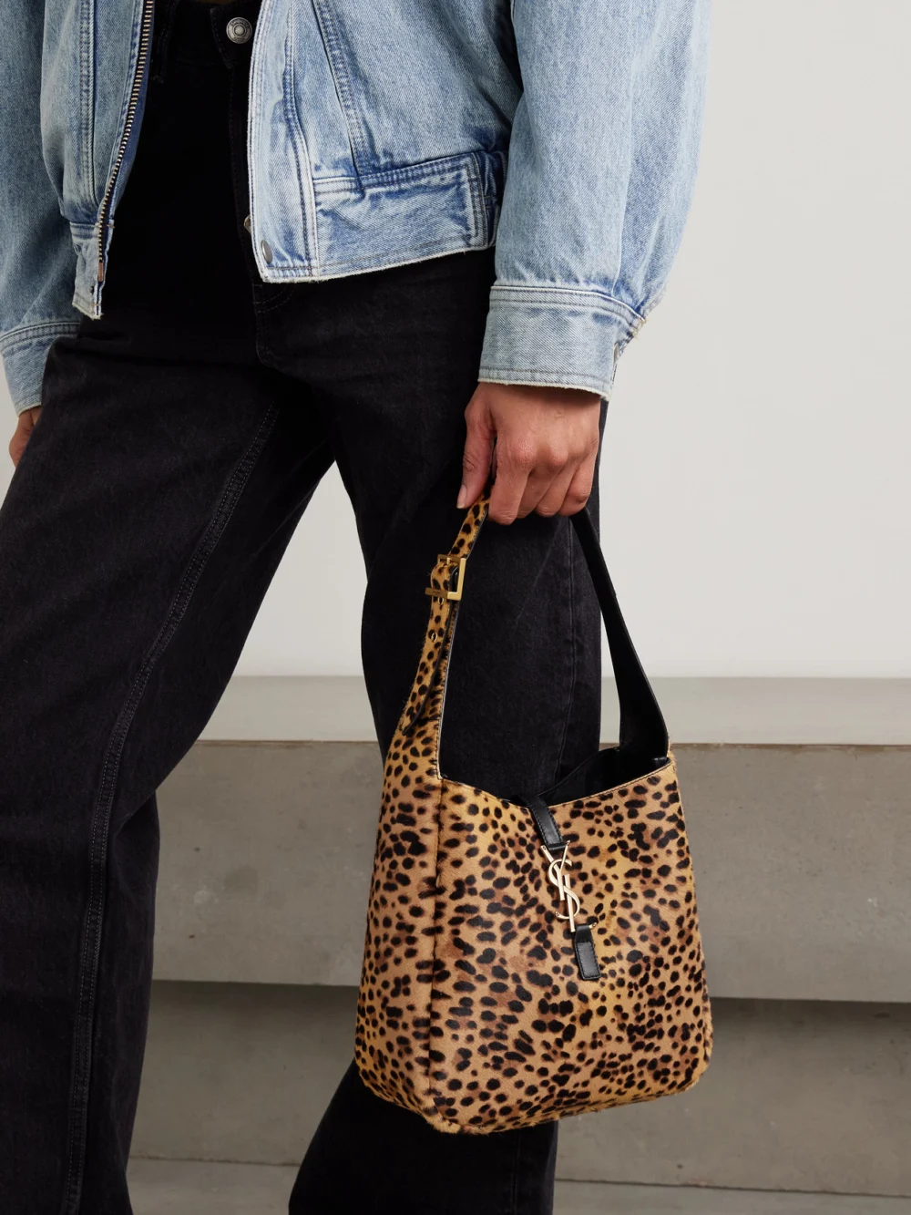 Saint Laurent Le 5 À 7 Small Embellished Leather-trimmed Leopard-print Calf Hair Shoulder Bag, styled view