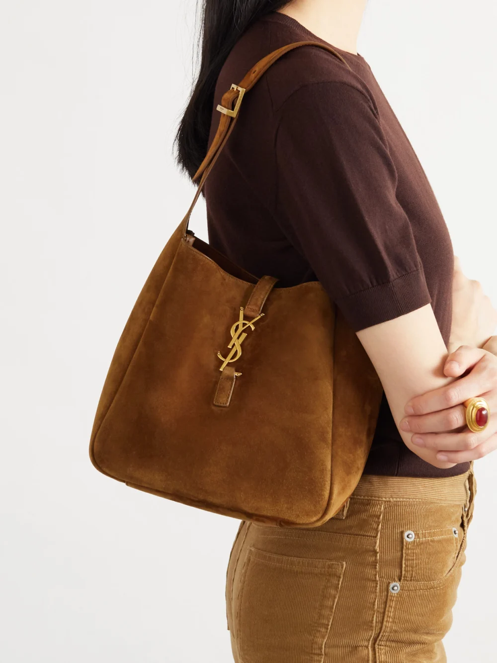 Saint Laurent Le 5 À 7 Supple Small Suede Shoulder Bag, styled view