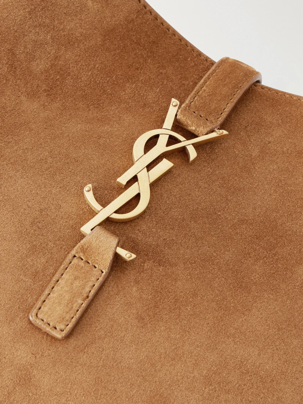 Close-up detail of the Saint Laurent Le 5 À 7 Supple Suede Bag