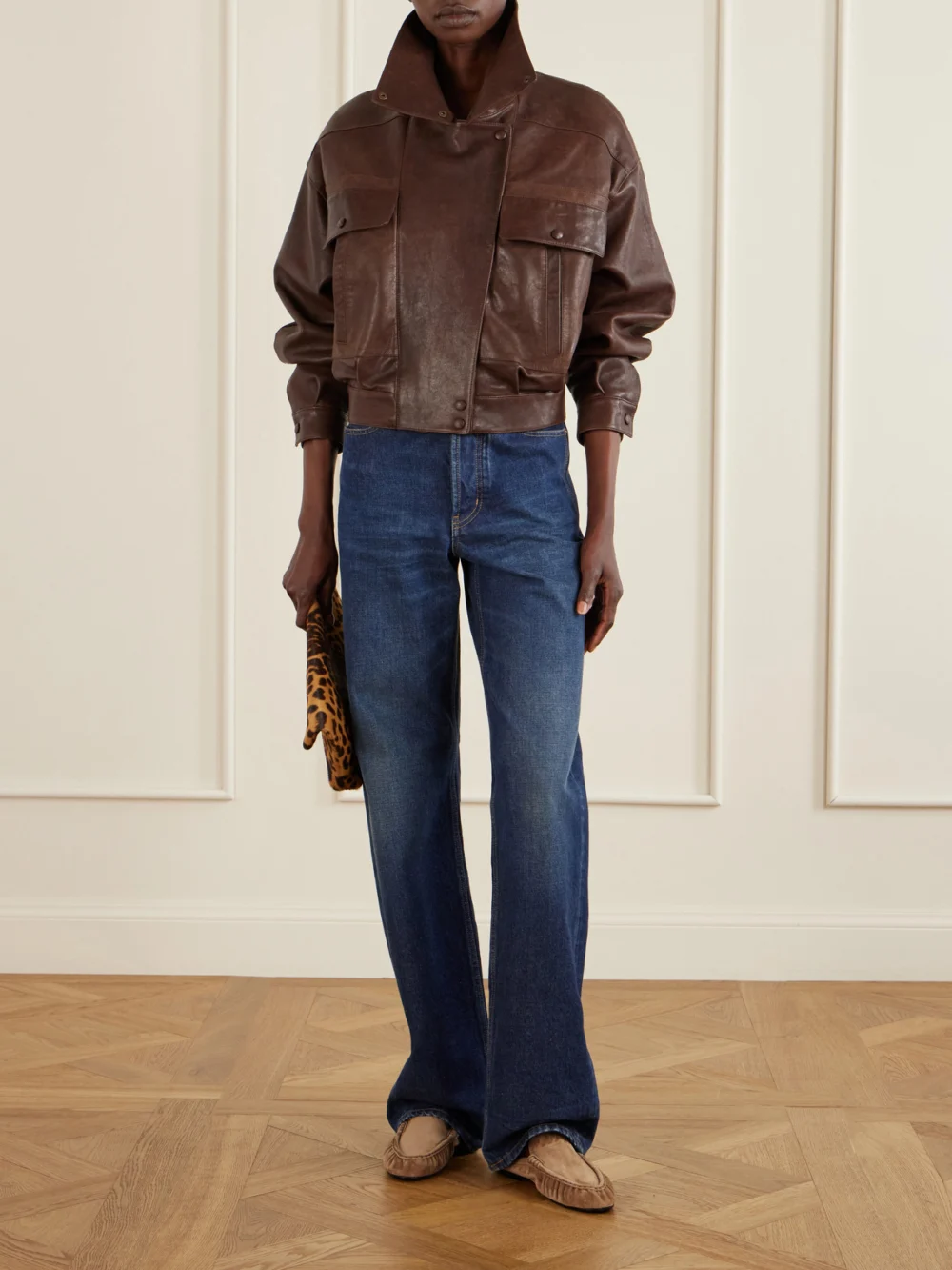 Saint Laurent Le Loafer 05 Cassandre-embellished Suede Mules, styled view