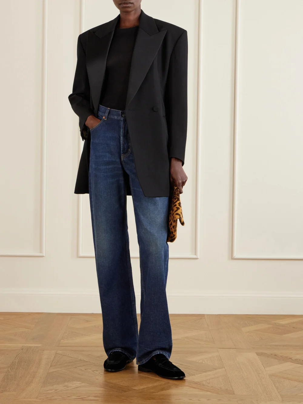 Saint Laurent Le Loafer 05 Cassandre-embellished Velvet Loafers, styled view