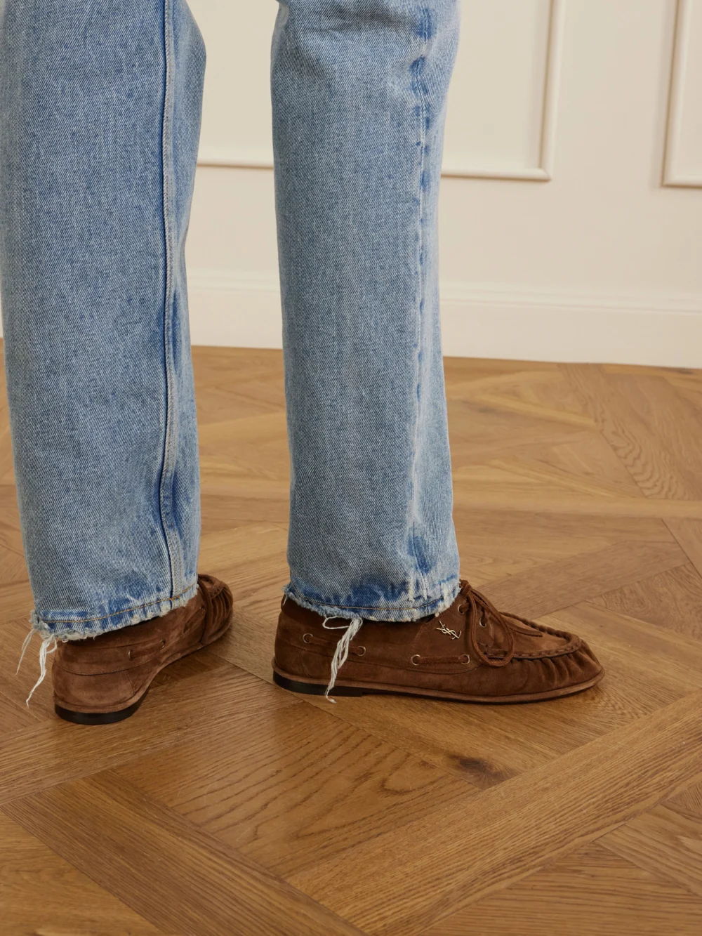 Saint Laurent Le Loafer Bateau Cassandre-embellished Suede Loafers, styled view