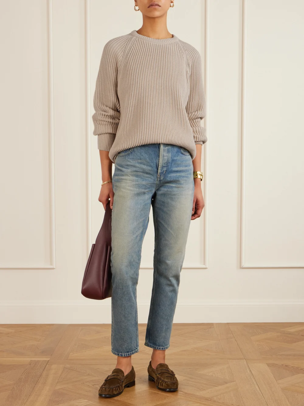 Saint Laurent Le Loafer Cassandre-embellished Suede Loafers, styled view