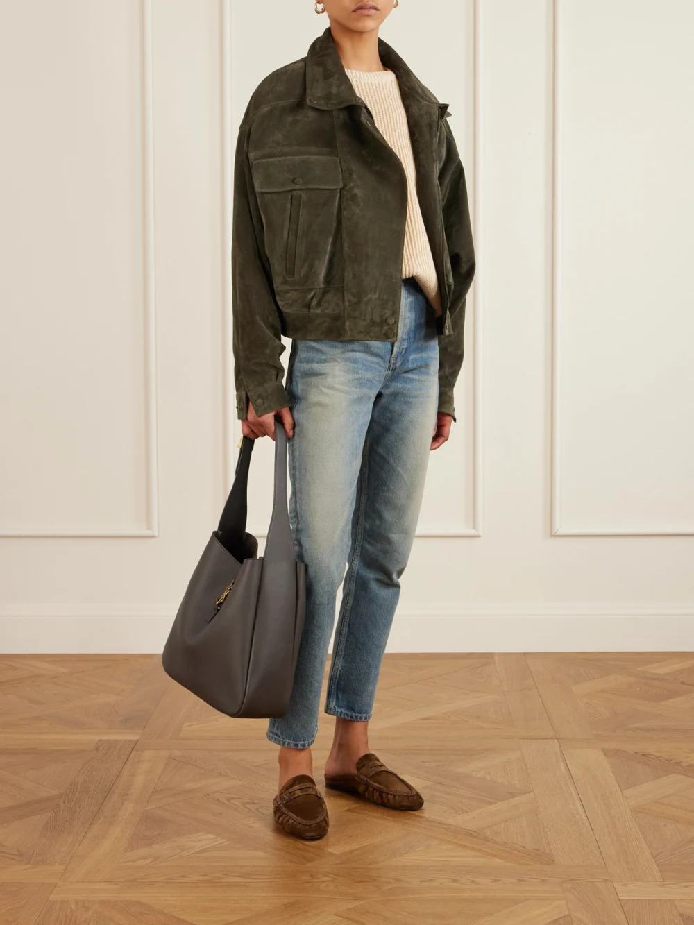 Saint Laurent Le Loafer Cassandre-embellished Suede Mules, styled view