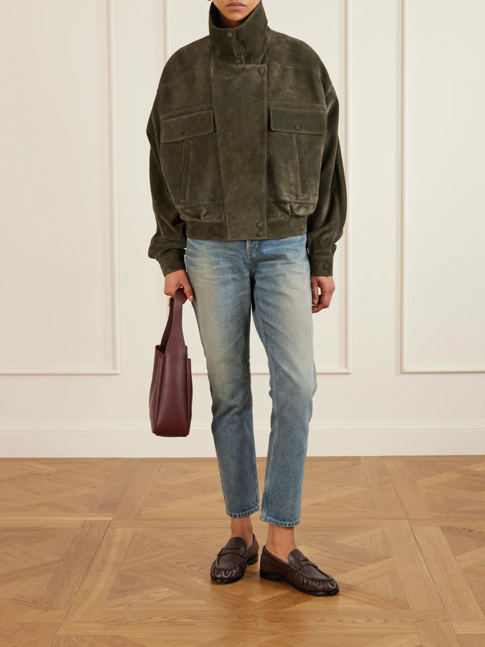 Saint Laurent Le Loafer Cassandre-embellished Textured-leather Loafers, styled view