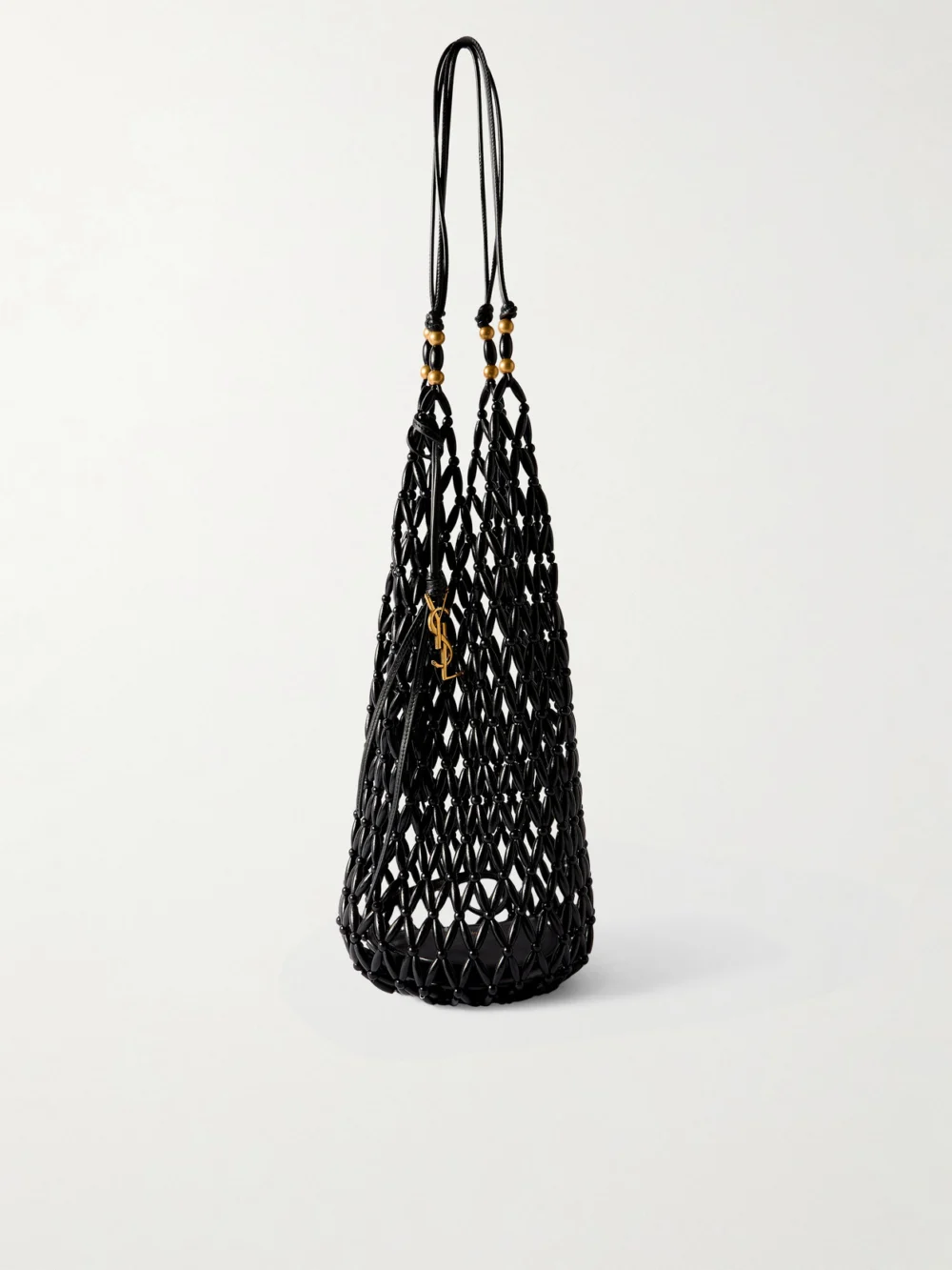 Saint Laurent Leather-trimmed Beaded Wood Tote in black