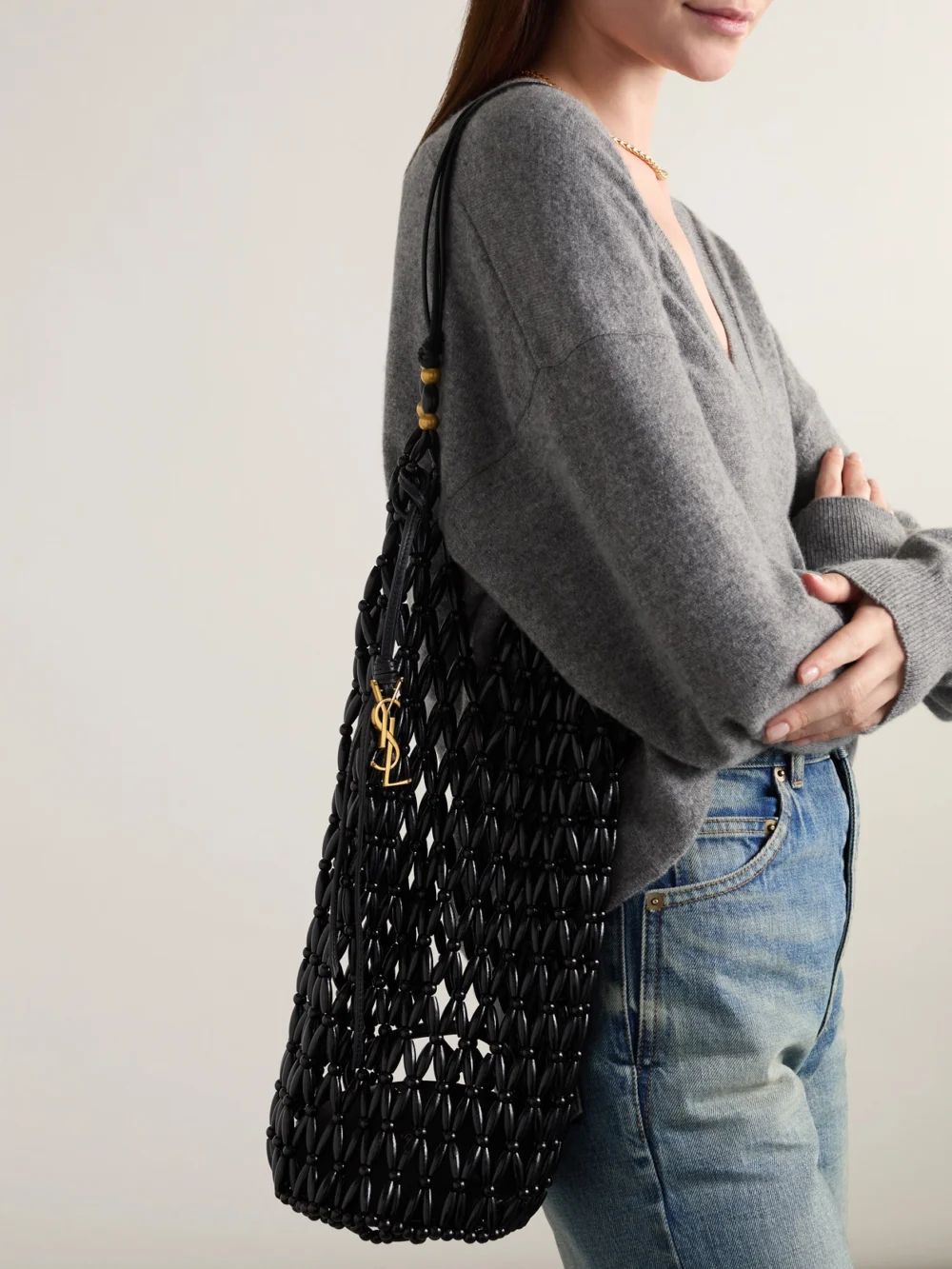 Saint Laurent Leather-trimmed Beaded Wood Tote, styled view