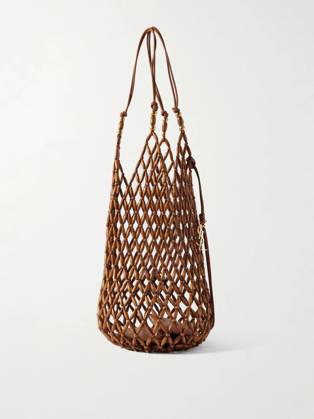 Back view of the Saint Laurent Leather-trimmed Beaded Wood Tote