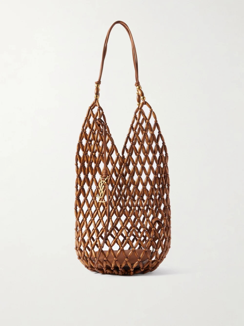Saint Laurent Leather-trimmed Beaded Wood Tote in brown