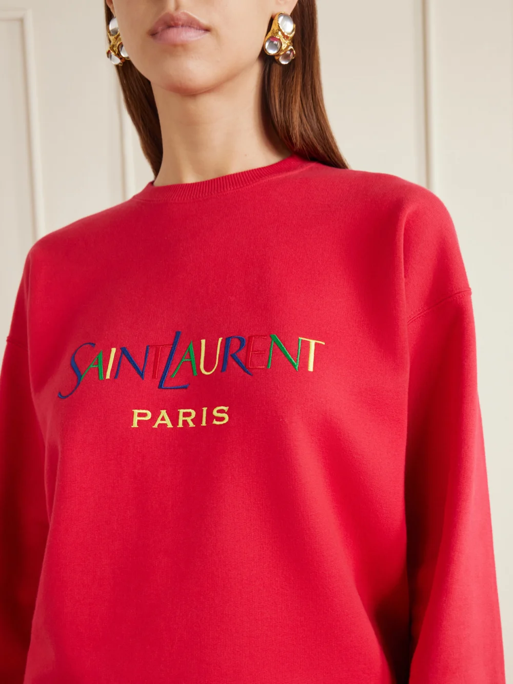 Close-up detail of the Saint Laurent Logo-embroidered Cotton-fleece Sweatshirt