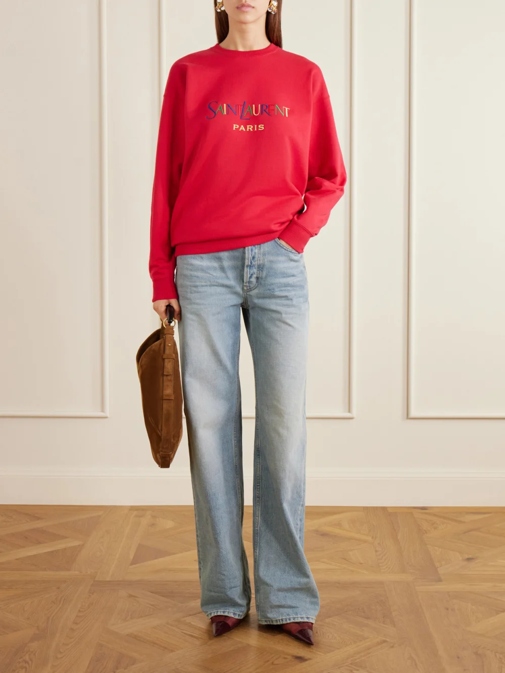 Saint Laurent Logo-embroidered Cotton-fleece Sweatshirt, worn by a model