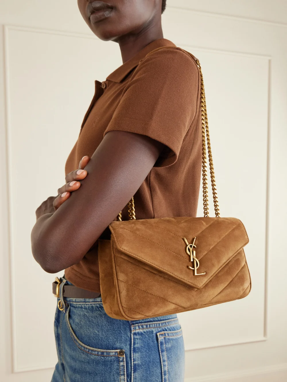 Saint Laurent Lou Lou Small Suede Leather Shoulder Bag, styled view