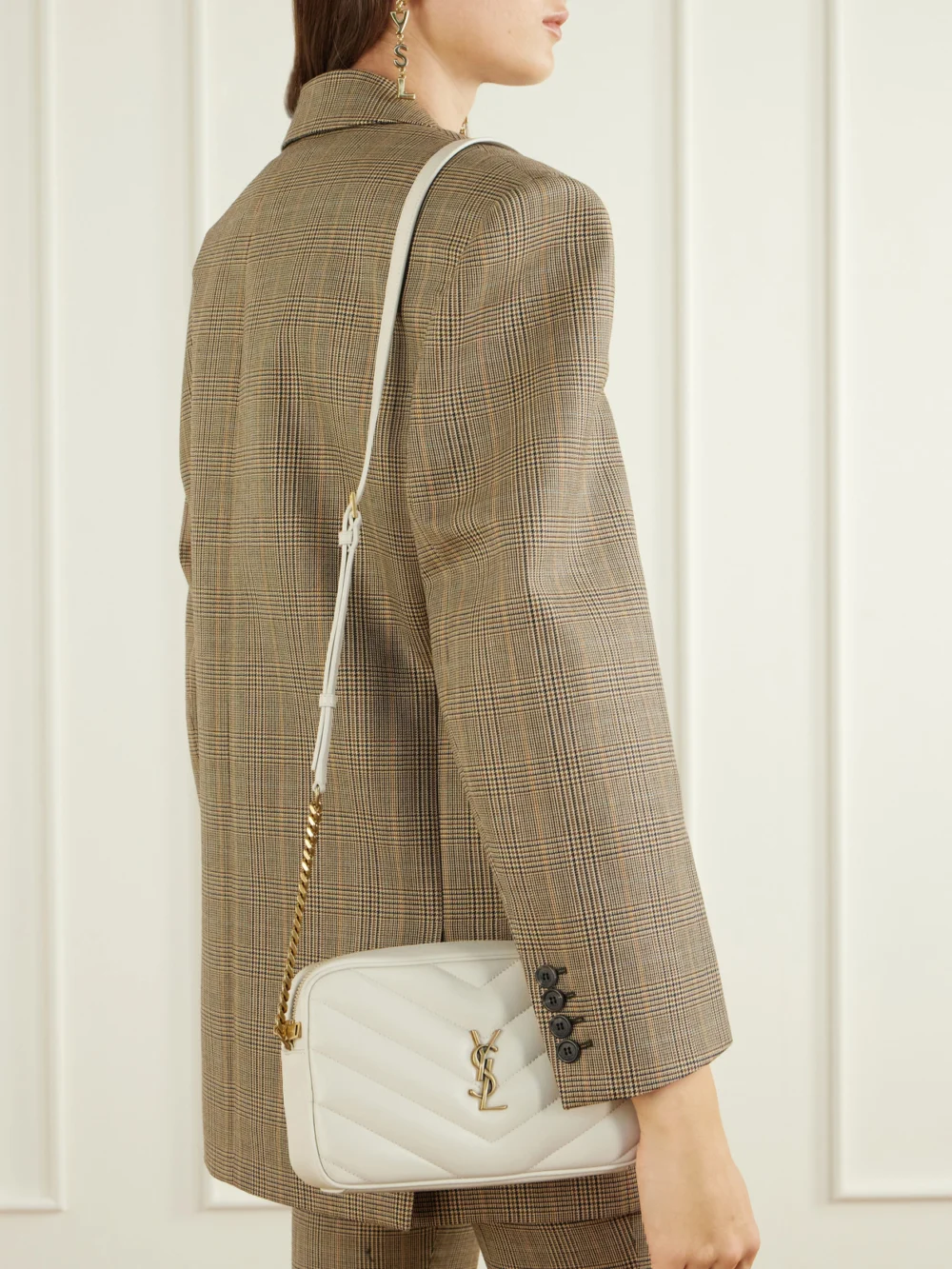 Saint Laurent Loulou Cassandre-embellished Matelassé Leather Shoulder Bag, styled view