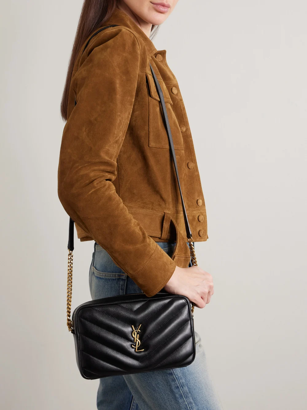 Saint Laurent Loulou Cassandre-embellished Matelassé Textured-leather Shoulder Bag, styled view
