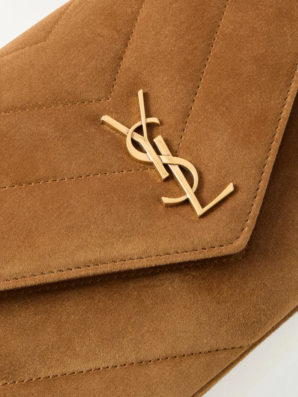 Close-up detail of the Saint Laurent Loulou Cassandre Suede Shoulder Bag