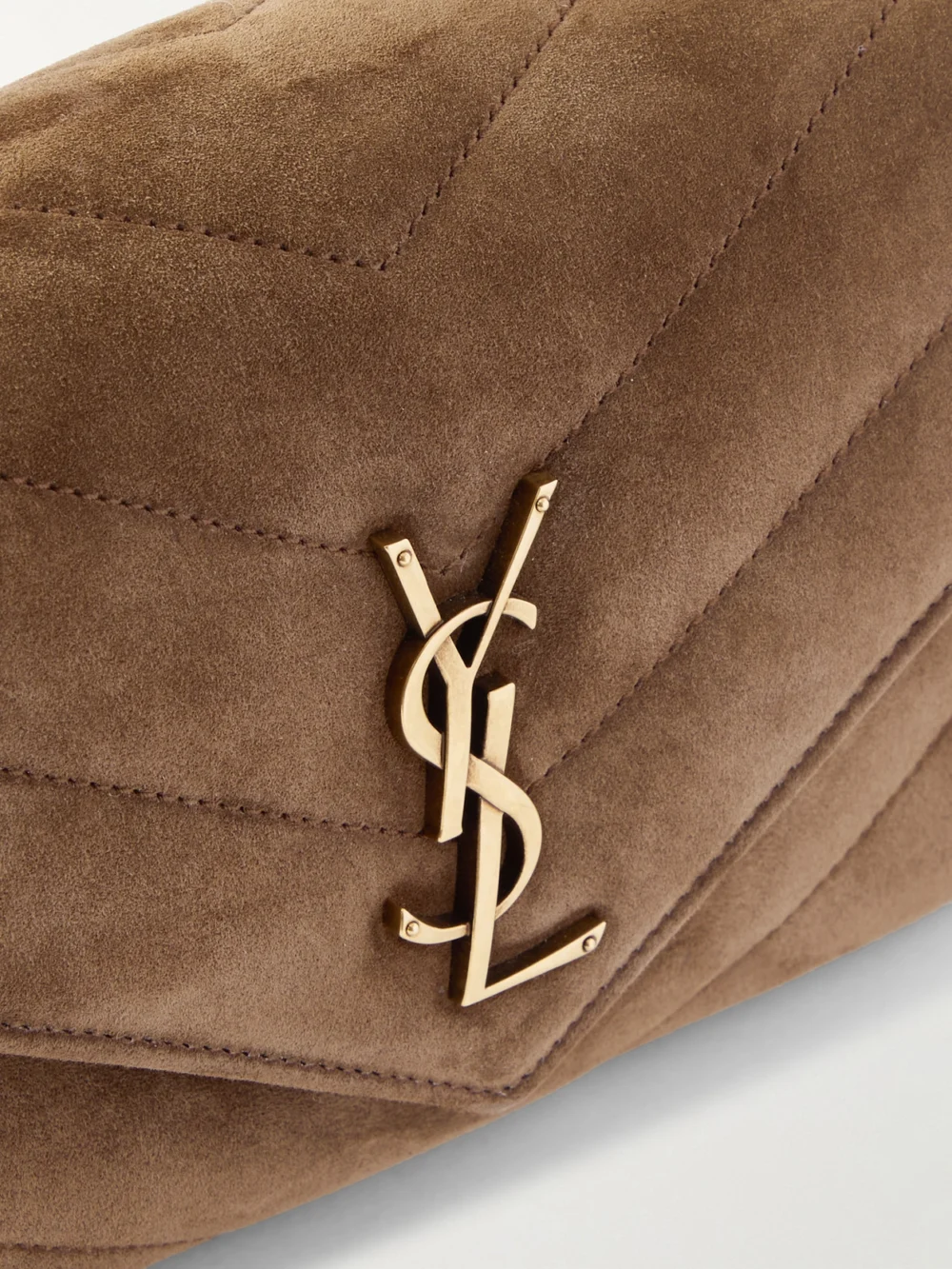 Close-up detail of the Saint Laurent Loulou Matelassé Suede Shoulder Bag