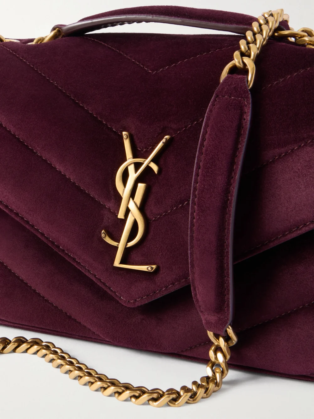 Close-up detail of the Saint Laurent Loulou Matelassé Suede Shoulder Bag