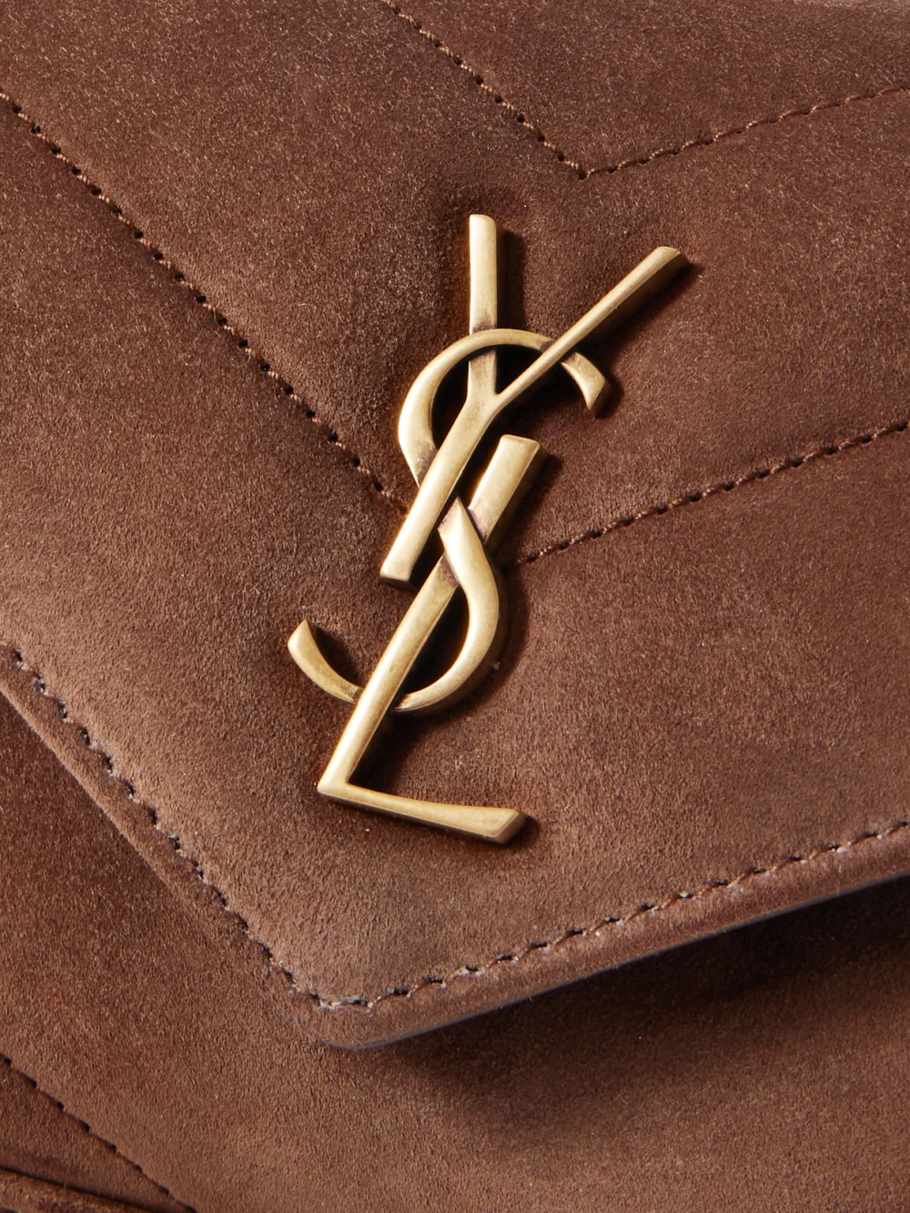 Close-up detail of the Saint Laurent Loulou Mini Matelassé Suede Shoulder Bag