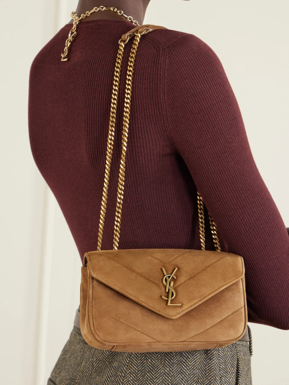 Saint Laurent Loulou Quilted Suede Shoulder Bag, styled view
