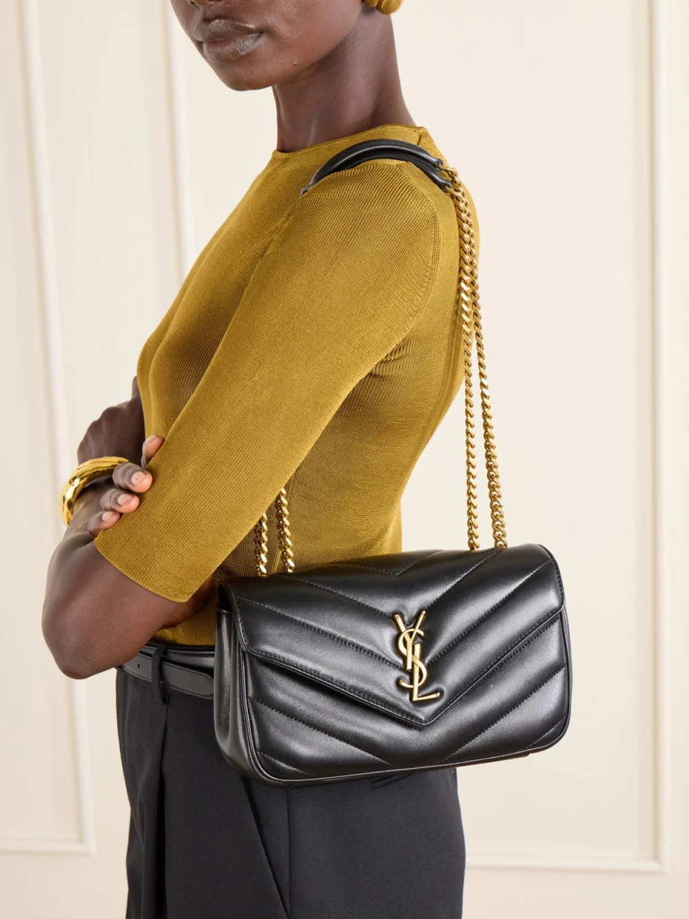 Saint Laurent Loulou Small Matelassé Leather Shoulder Bag, styled view