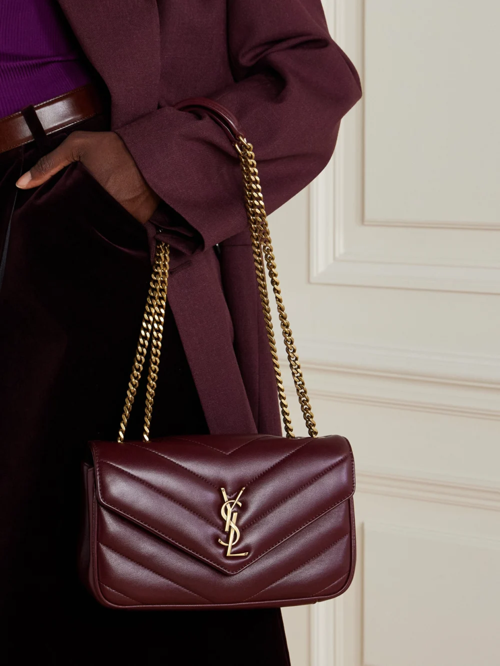 Saint Laurent Loulou Small Matelassé Leather Shoulder Bag, styled view